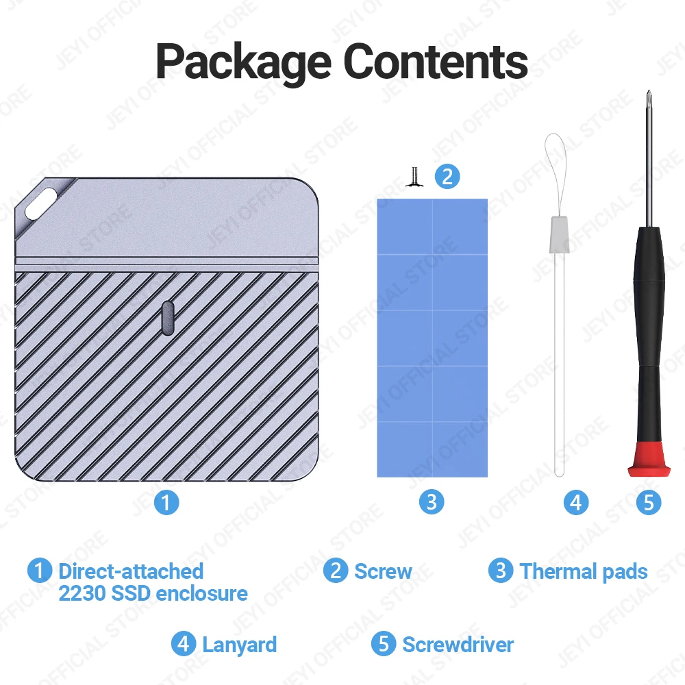JEYI 2230 M.2 NVMe 직접 부착 SSD 인클로저, USB 3.2, 10Gbps 인라인 알루미늄 솔리드 스테이트 드라이브, 자석 보호 케이스 포함