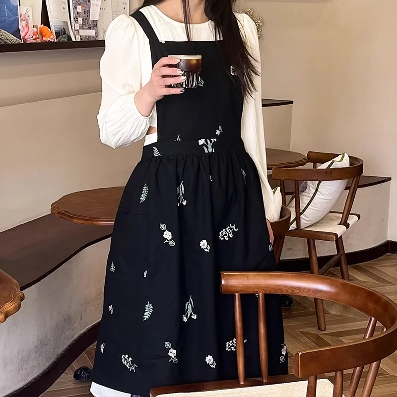 Embroidery Water-repellent Cotton Dress Apron For Kitchen Garden Women's Cross-back Long Pleated Pinafore