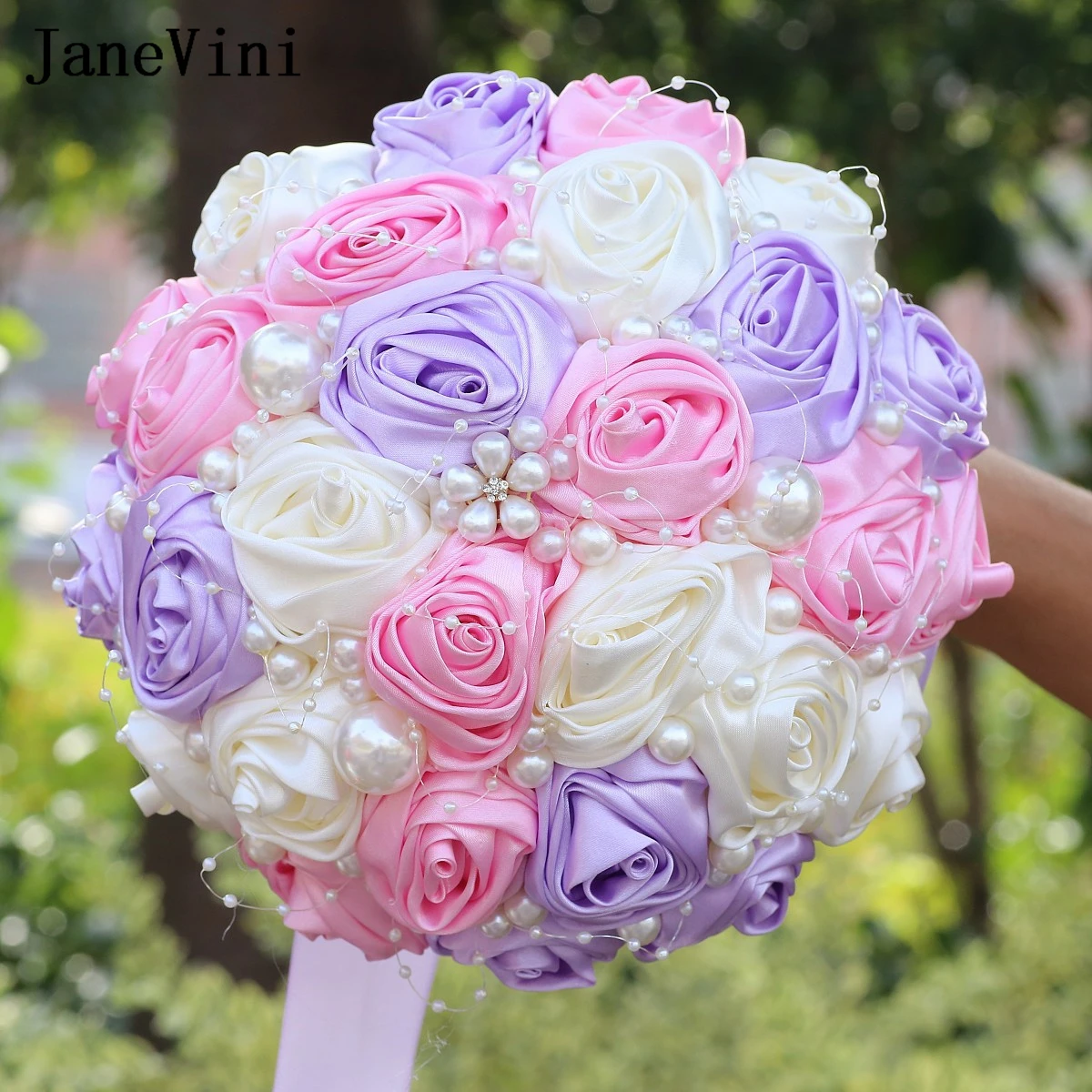 

JaneVini 2024 Light Purple Pink Wedding Bouquet with Pearl Satin Rose Weeding Bridal Flowers Bridesmaid Bouquets Deko Hochzeit