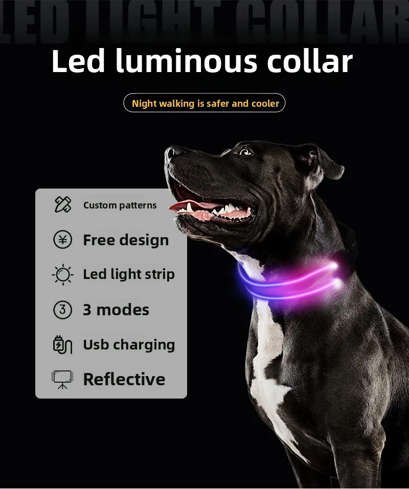 A dark-furred dog wearing a glowing purple and pink LED luminous collar against a solid black background. A feature list on the left highlights "Custom patterns," "Free design," "Led light strip," "3 modes," "Usb charging," and "Reflective" properties.