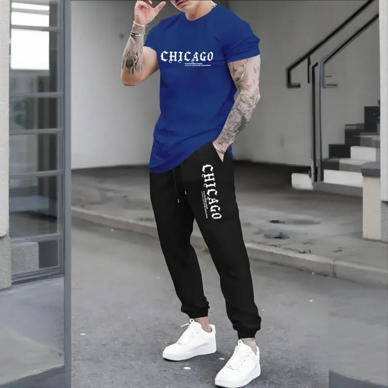 CHICAGO Print Men Tracksuit Set Jogger Clothing For Man Casual Suit Short Sleeve Tshirts+Trousers 2 Piece Outfits Streetwear 3
