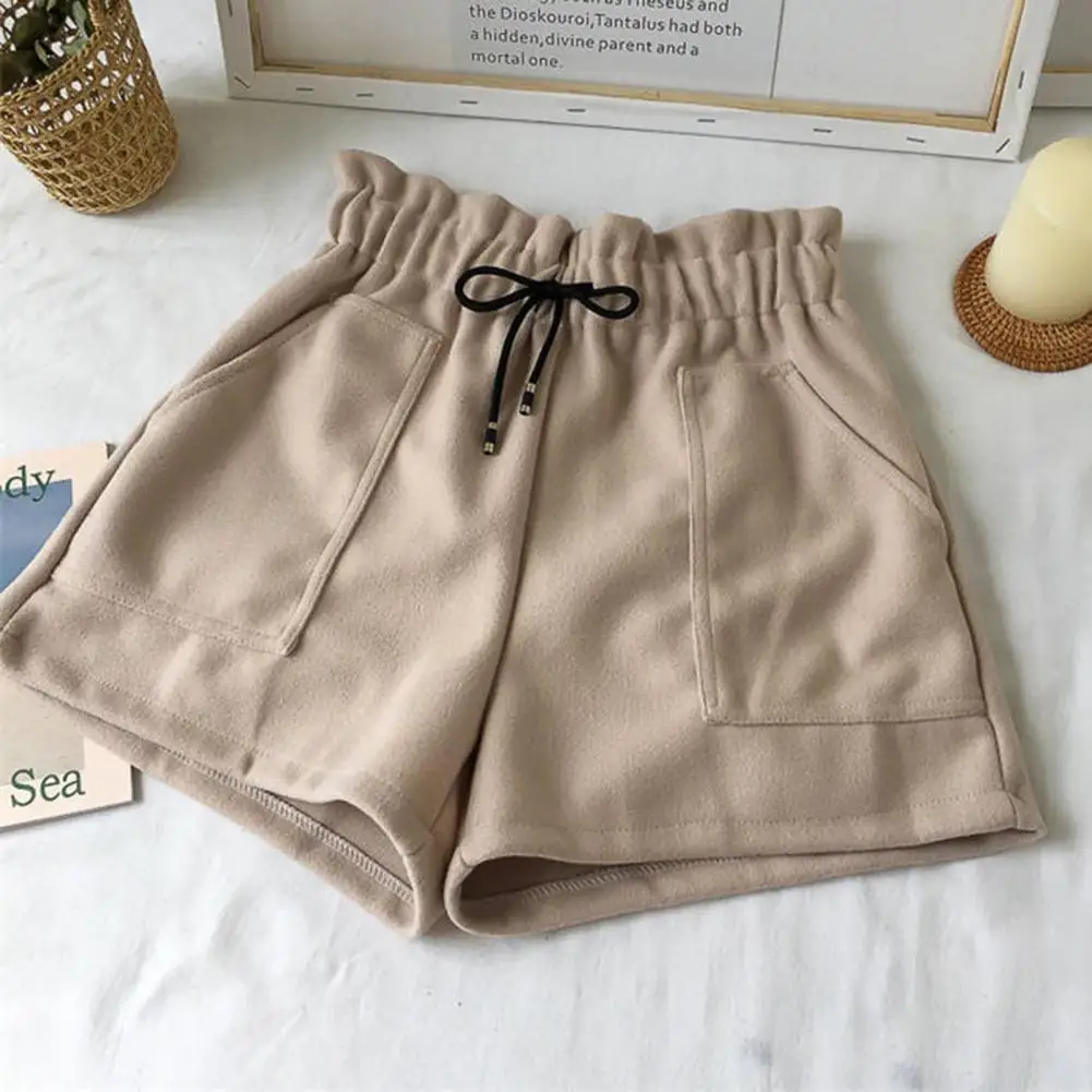 

Breathable High Waist Shorts Elastic Drawstring High Waist Women's Shorts with Pockets for Spring Autumn Casual Solid Color Wide