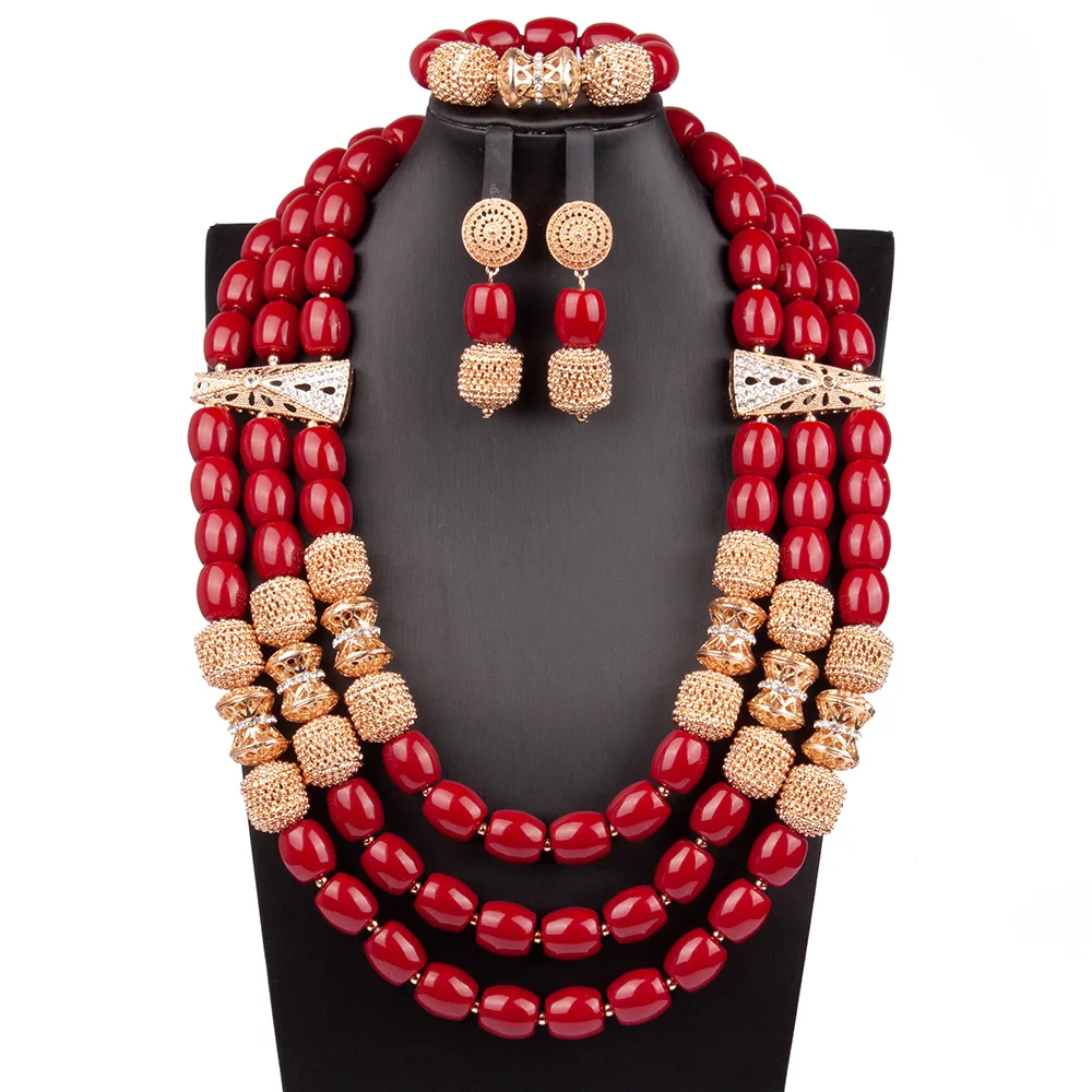 

NEW Red Imitation Coral Beads Jewelry Set Traditional Nigerian Wedding African Wedding Bridal Statement Necklace Set ABG109