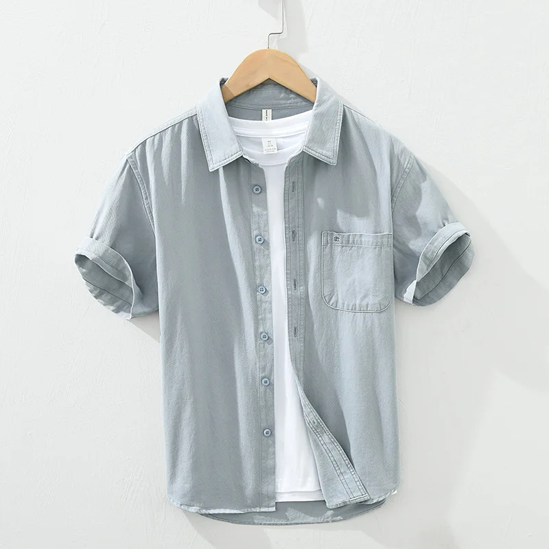 Yellow Short Sleeve Shirt for Men Cotton Button Up Shirts Summer Patch Pockets Embroidery Casual Tops Male Solid Clothing