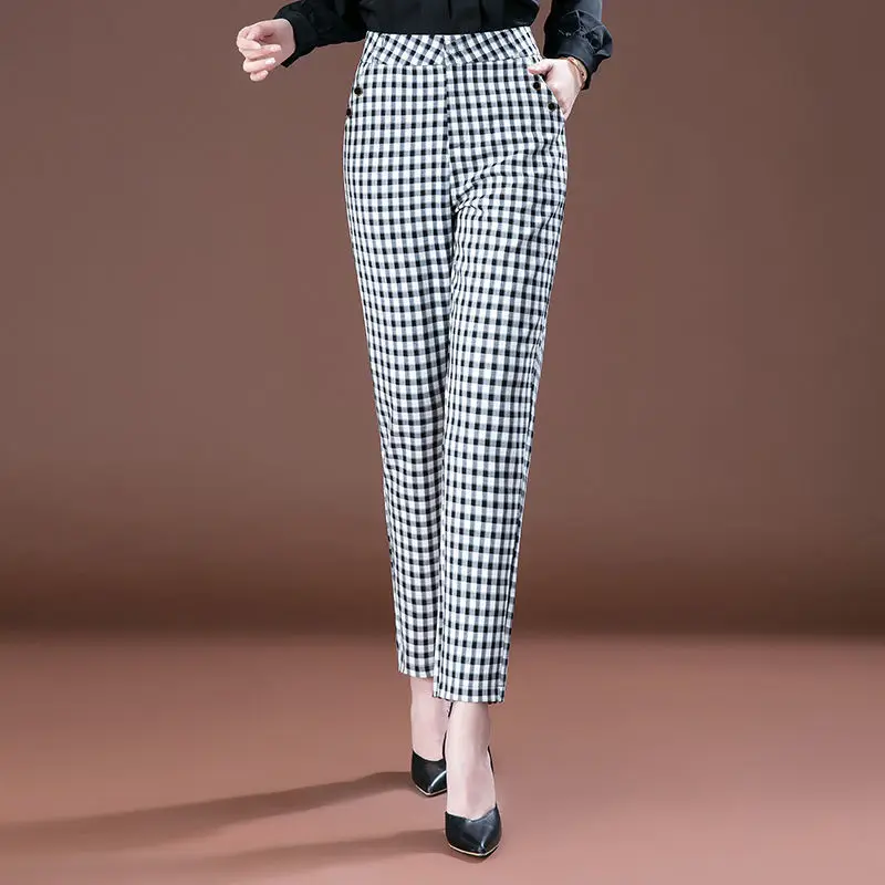 Harajuku Casual Female Plaid Straight Pants Elastic Band High Waist Vintage Woman Clothing Spring Autumn Fashion Pencil Trousers