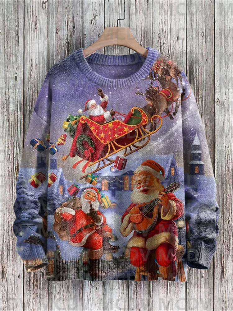 

Christmas Cute Santa Claus Playing Guitar Art Pattern Print Casual Knit Pullover Sweater Men's For Women's Pullover