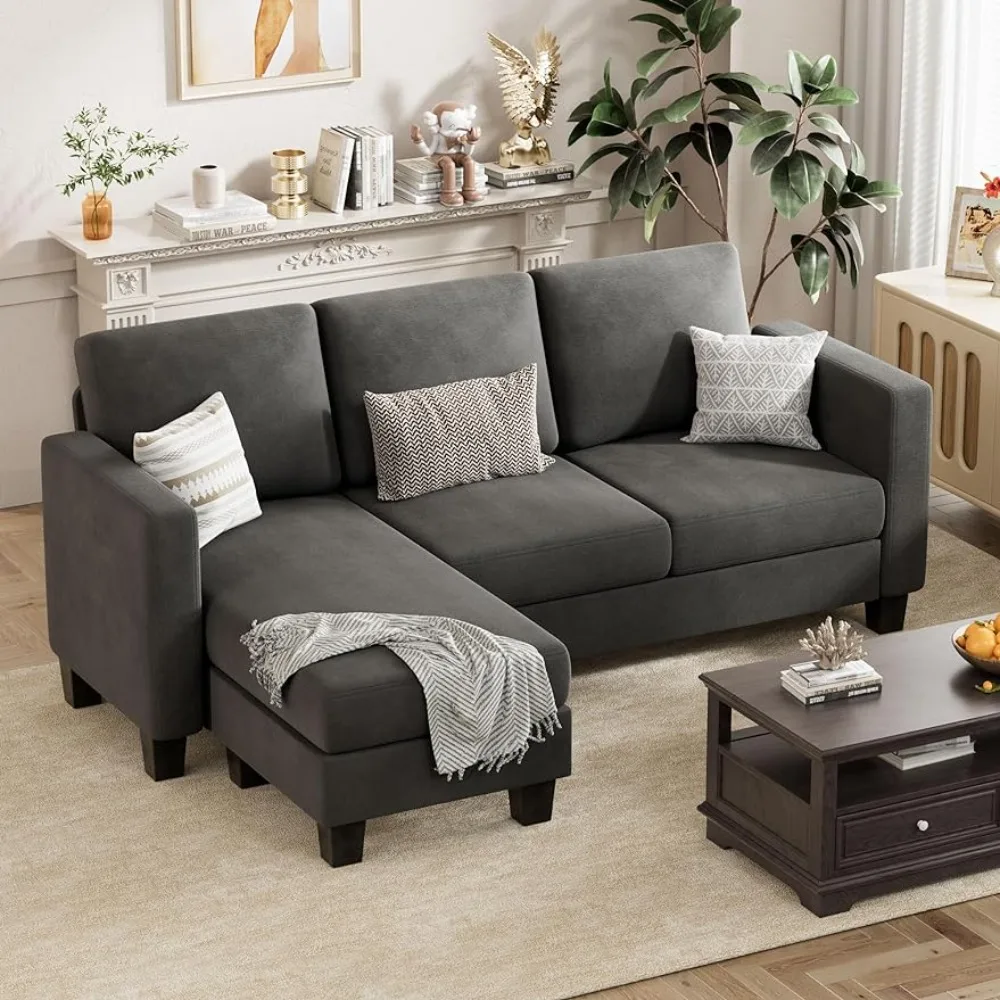 3 Seat L-Shaped Sofa With Linen Fabric Movable Small Couch for Small Apartments Living Room and Office (Dark Gray) Furniture