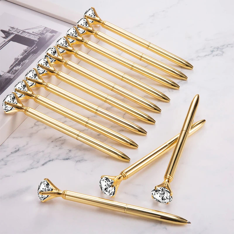 6Pcs Diamond Ballpoint Pens Gold Large Crystal Pens Rhinestones Ballpoint Pens Stationary Writing Supplies 4