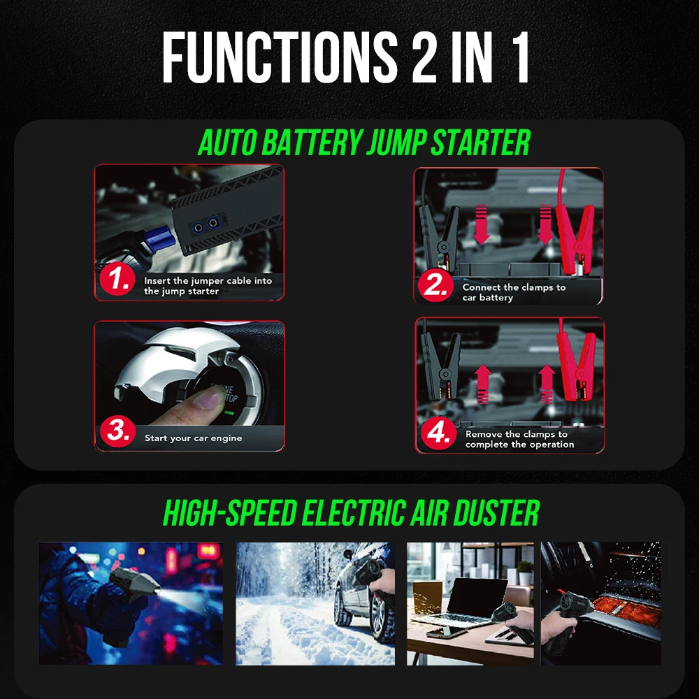 2 In 1 Compressed Air Duster Jump Starter 130000rpm Electric Air Blower Portable Jet Turbo Fan Dust Snow Blower 7200mAh Battery