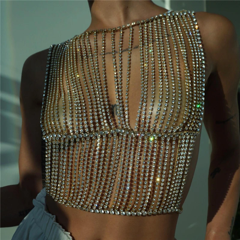 

Body Chain Luxury Full Rhinestone Sexy Bra Top Ladies Night Club Party Sparkling Crystal Chest Chain Fine Jewelry Accessories