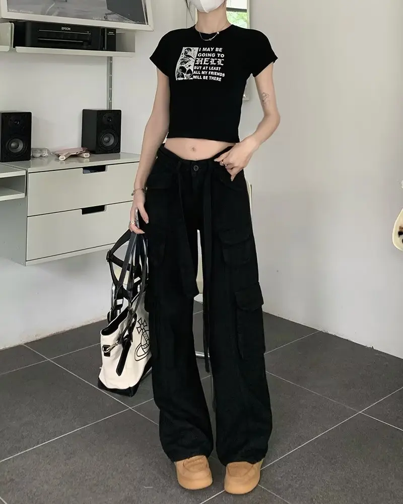 Loose Cargo Pants Multi Pocket Bags Denim Joggers Wwomen Vintage Streetwear Retro Low-waisted Spice Girl Baggy Jeans y2k clothes