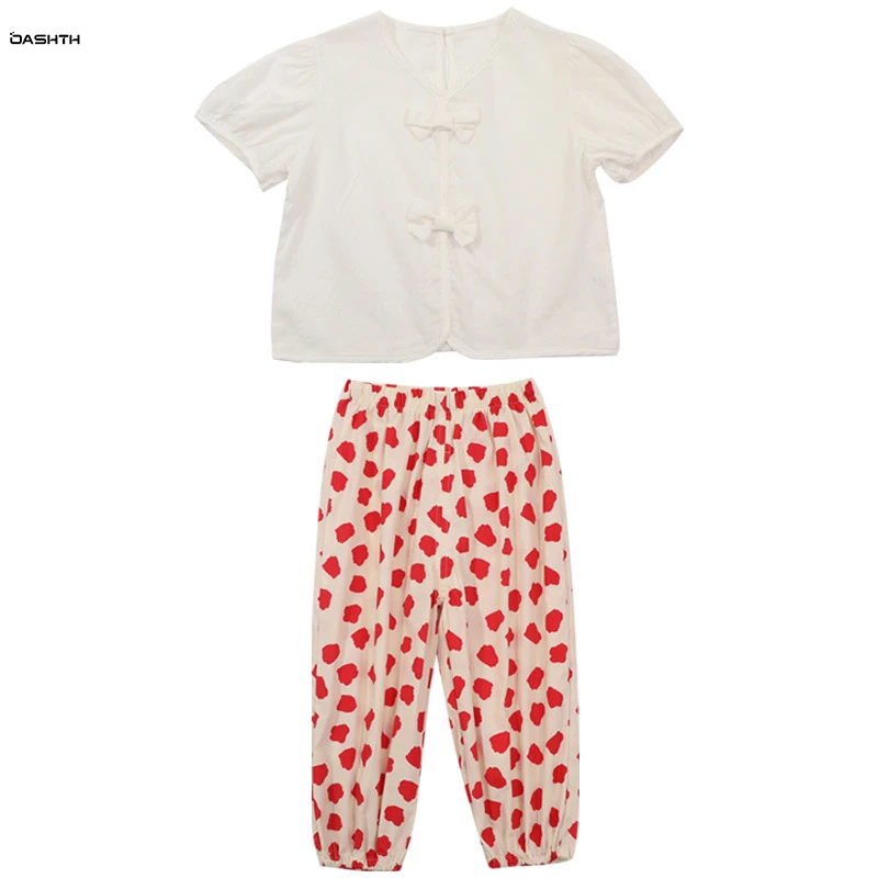 

Летний костюм для девочек OASHTH, новинка, рубашка с коротким рукавом и брюки, комплект из двух предметов, детская одежда