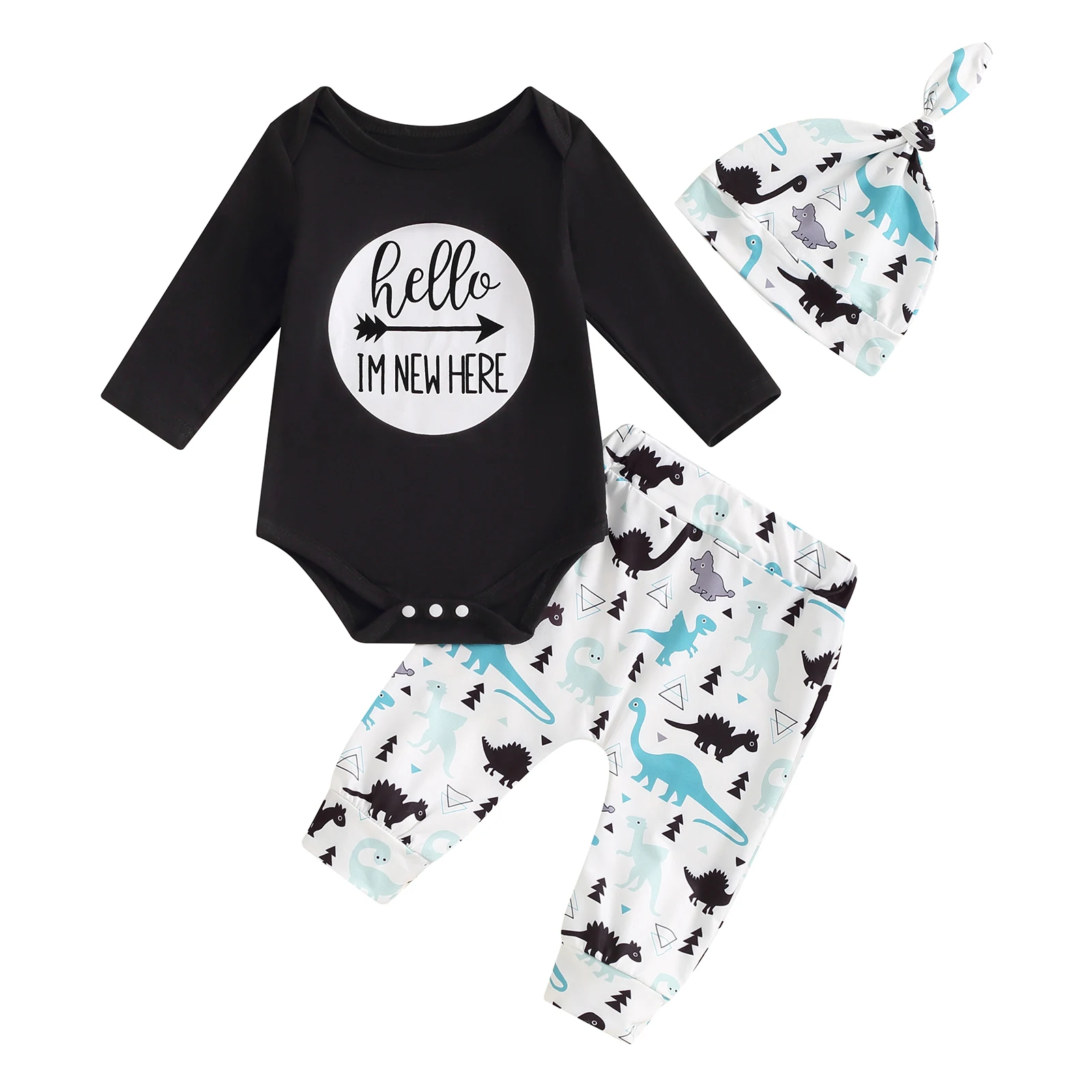 Newborn Baby Boy Outfit Hello Im New Here Infant Baby Boy Dinosaur Outfit Long Sleeve Romper Pant Hat Boys Fall Clothes Set