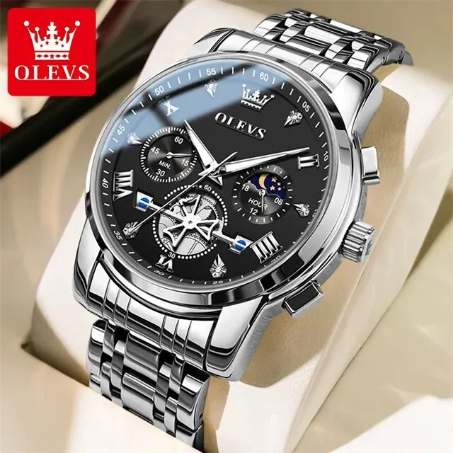 OLEVS Men's Luxury Quartz Wristwatch - Moon Phase Chronograph, Waterproof & Luminous