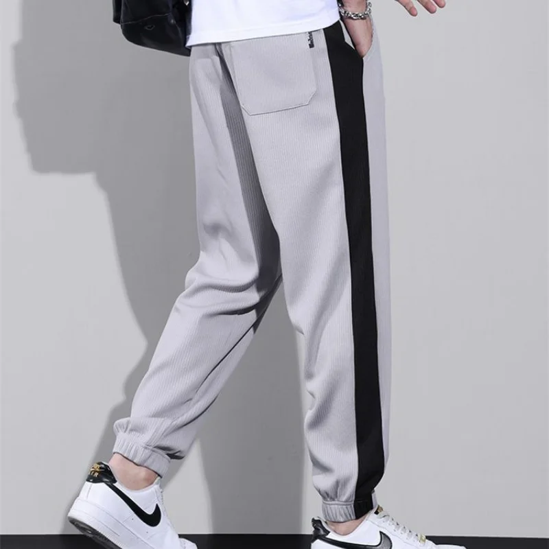 Versatile Street Thin Loose Breathable Sports Casual Pants Men's Trendy Pockets Patchwork Contrast Drawstring Straight Trousers