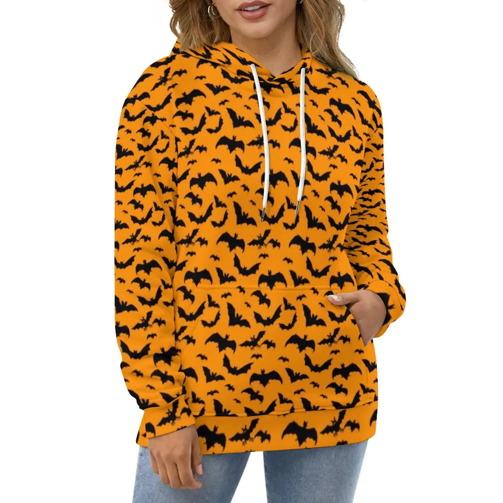 

Halloween Bats Hoodies Female Orange And Black Street Wear Casual Hoodie Winter Long Sleeve Y2k Design Sweatshirts Big Size