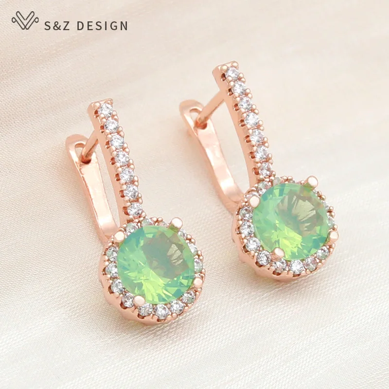 S&Z DESIGN New Fashion 585 Rose Gold Color Round Crystal Dangle Earrings For Women Wedding Jewelry Cubic Zirconia Eardrop