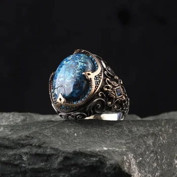 Turkish Handmade Vintage Dark Blue Zircon Stone Rings Ancient Silver Color Pattern Rings for Men Trendy Islamic Muslim Jewelry