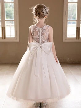 Teen Girls White Wedding Gauze Dress Lace Embroidery Big Bow Evening Puffy Gauze Bridesmaid Dress 1