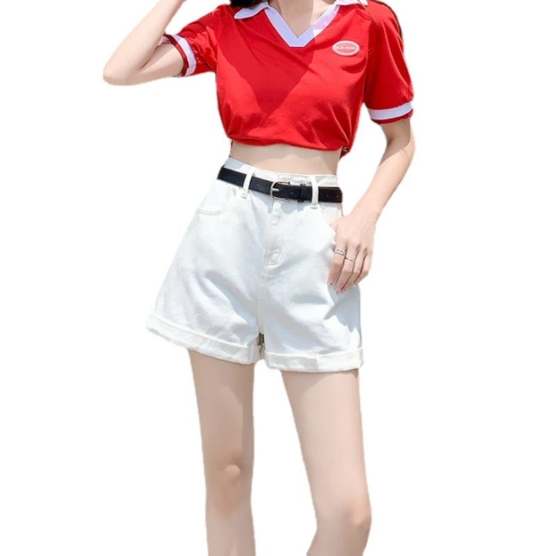 

Women's Belt Y2K Denim Short 2023 Street Style High Waist Denim Shorts Rolled Edge In Candy Colors Sexy A Line All Match Shorts