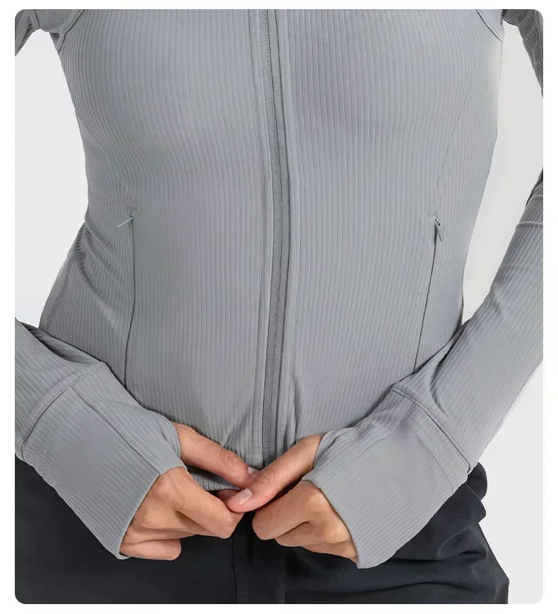 Lemon Women Ribbed Cropped Define Stand Neck Jacket Lightweight Breathable High Elastic Fitness Yoga Coat Tight utdoor Sport Top