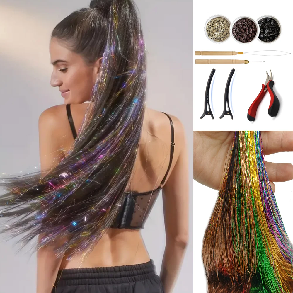 36 Inches Tinsel Hair Extension with Tool 12Colors 2400Strands Hair Extension Tinsel Kit Glitter Hair Extensions for Women Girls