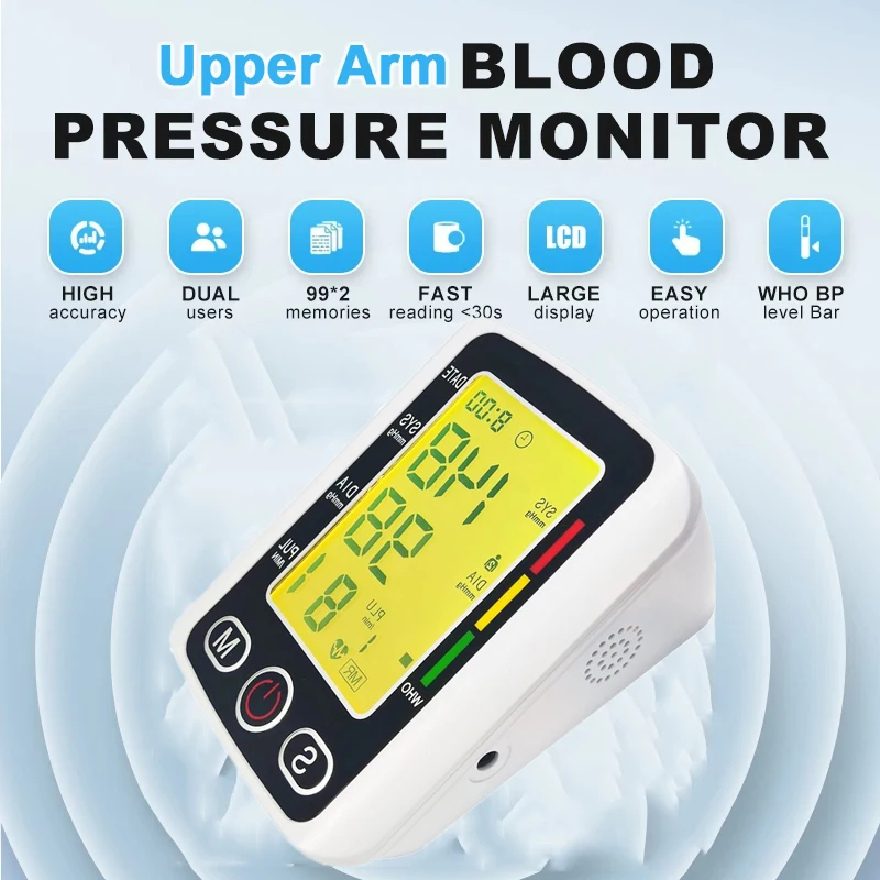 Rechargeable Digital Blood Pressure Monitor with Cuff Arm Sphygmomanometer Heart Rate Pulse Meters Screen Automatic Tonometer