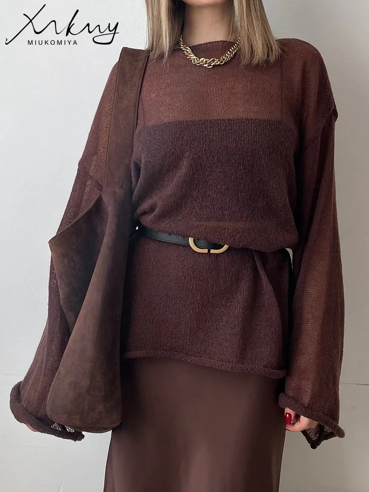 Women T Shirts Red T Shirts Oversize Thin Knit Pullover Women Summer Trumpet Long Sleeve T Shirt For Women Loose Top Tees Transparent Sweater
