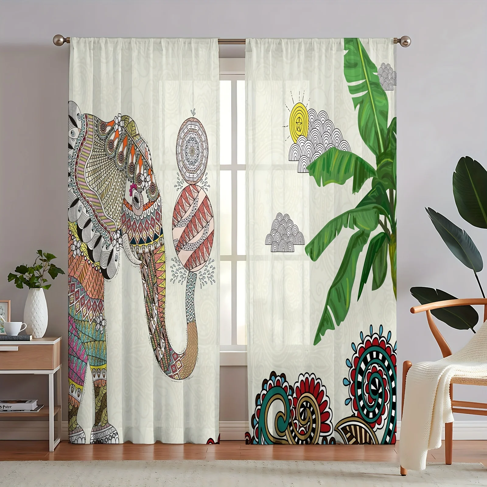 

2Pcs Tropical Plant BananaLeaf Elephant Element Bohemian Print Curtain Rod Pocket Curtain Home Decor Bedroom Office Kitchen