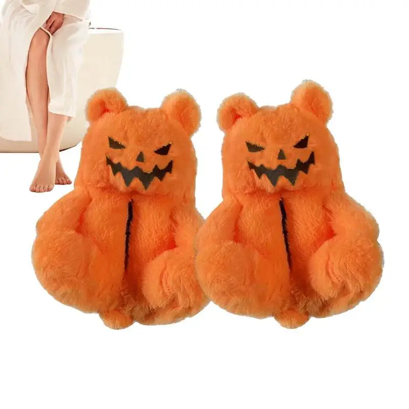 Halloween Slippers Pumpkin Slippers Fuzzy Animal Slippers With Lantern Pumpkin Bear Design Comfortable And Warm Halloween