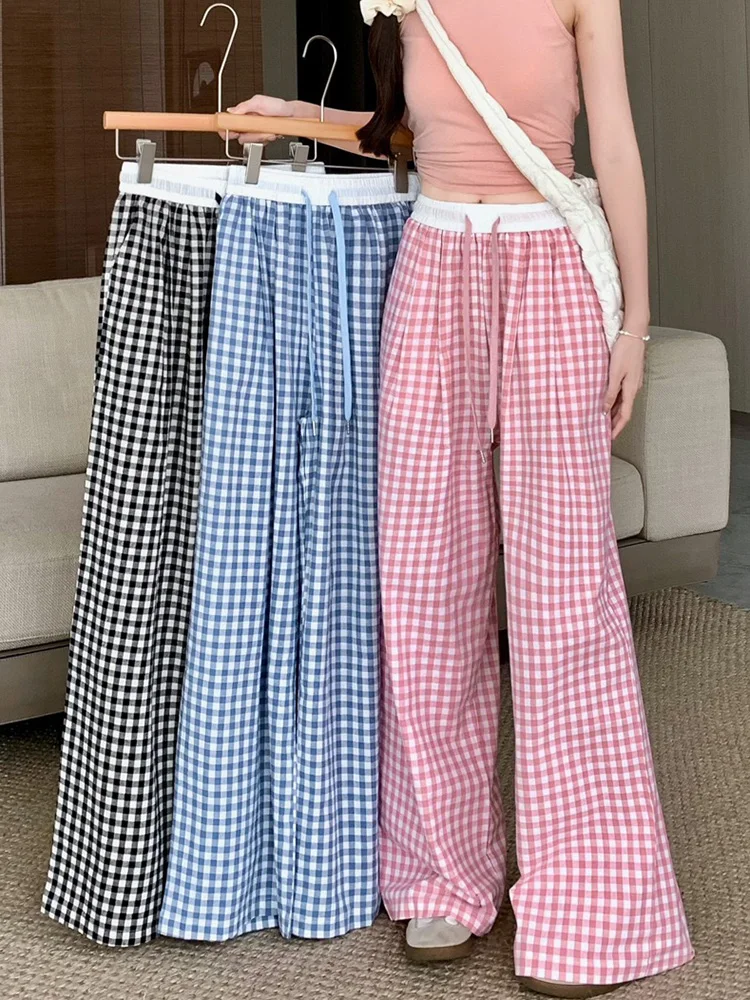 Women Wide leg Plaid Pants Summer Elastic Waist Stright Long Loose Pants Casual Female Soft Pants Basic Long Trousers