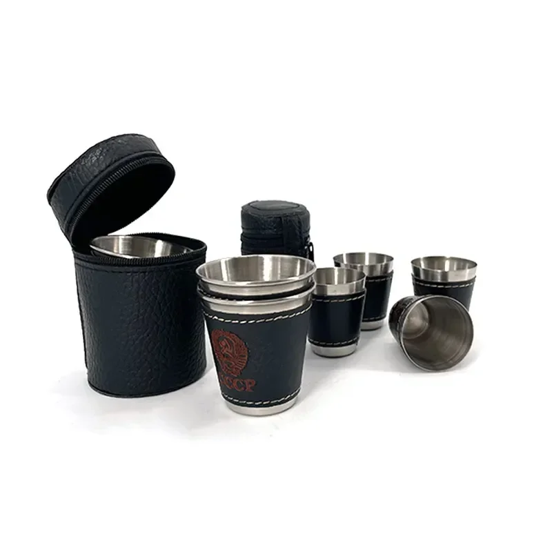 Outdoor Camping Tableware Travel Cups Set 4pcs/lot 70/30ml Stainless Steel Wine Beer Cup Whiskey Mugs PU Leather portable tableware portable cutlery portable cups