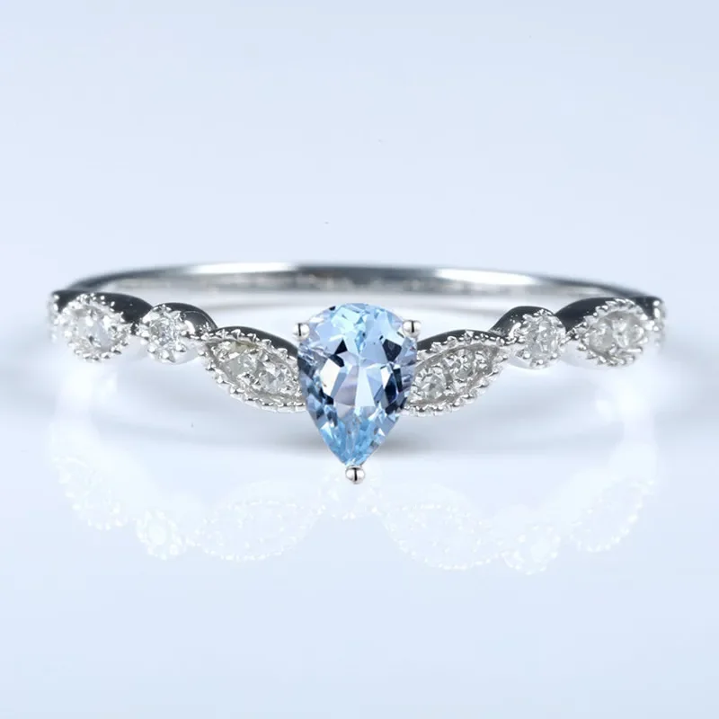 

Solid 14k White Gold Vintage Antique Pear Blue Topaz Natural Diamonds Ring Engagement Wedding Anniversary Party Fine Jewelry