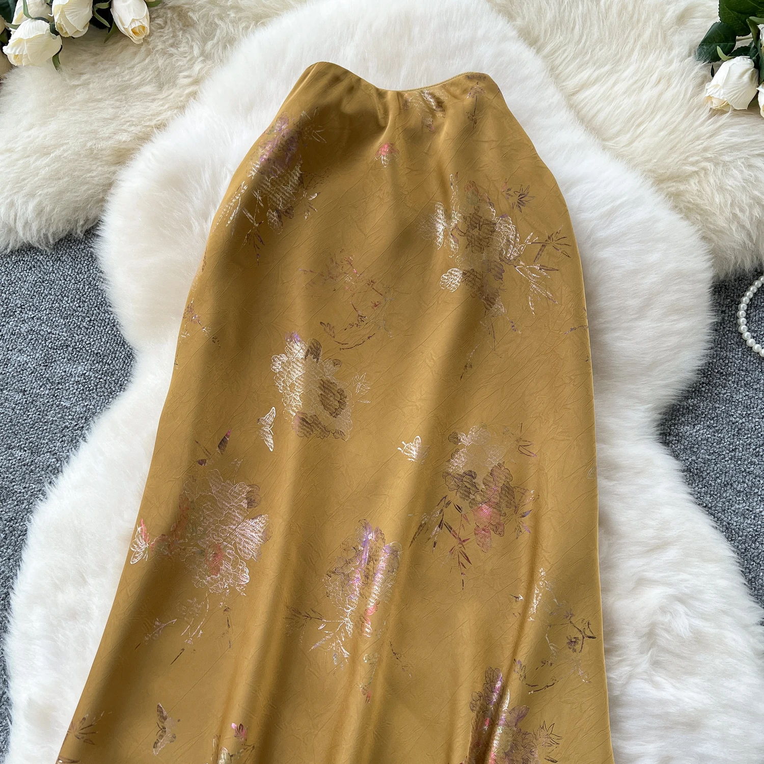 Sexy satin Chic print glitterHigh Waist Hip Wrap summer split sweet Full Skirt women clothing