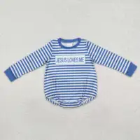 Jesus Loves Me Blue Stripes Print Baby Boys Fall Romper RTS Wholesale Boutique Infant Baby High Quality Factory Price Clothes 1