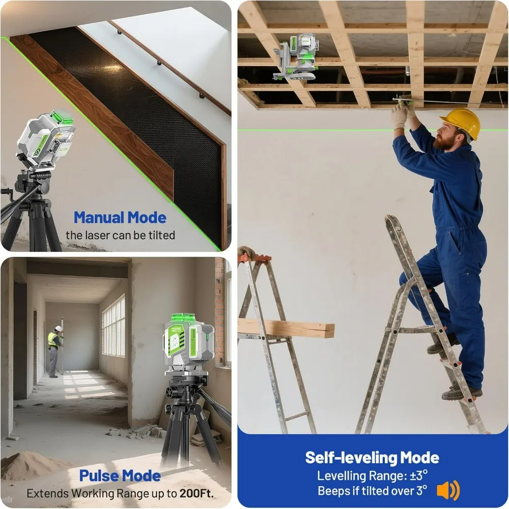 Self-Leveling 360° Green Cross Line Laser Level with Remote Control and 8000mAh Rechargeable Battery