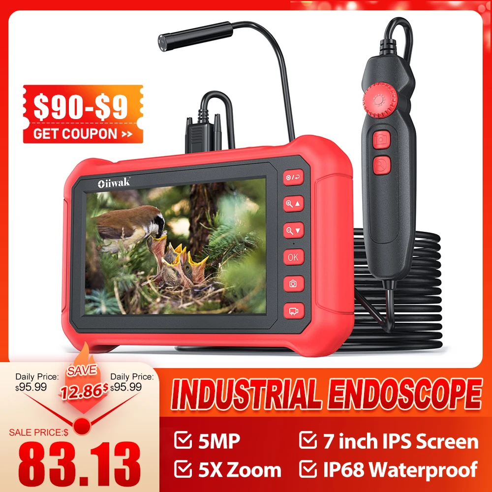 Oiiwak 8.2mm Industrial Endoscope Camera 7" IPS 5MP Inspection Camera