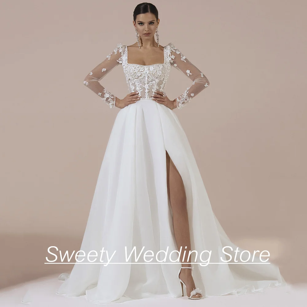 

2024 Wedding Dresses for Bride Long Sleeves Square Neck Beading Applique Backless A Line Organza Bridal Gown Vestido De Noiva