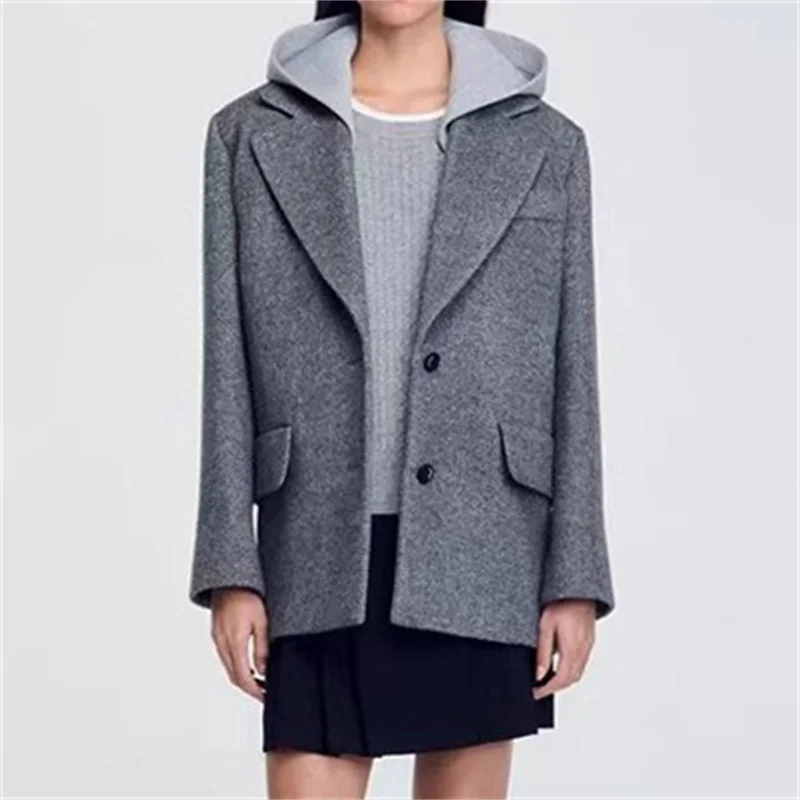 Women blazer women's blazer winter high-quality wool blend women's suit jacket Shoulder pad slim fit hood Women's coat
