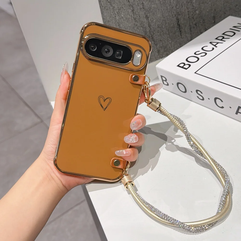 Enhanced Plating Hollow Love Phone Case with Lanyard and Wrist Strap - Shockproof Protection