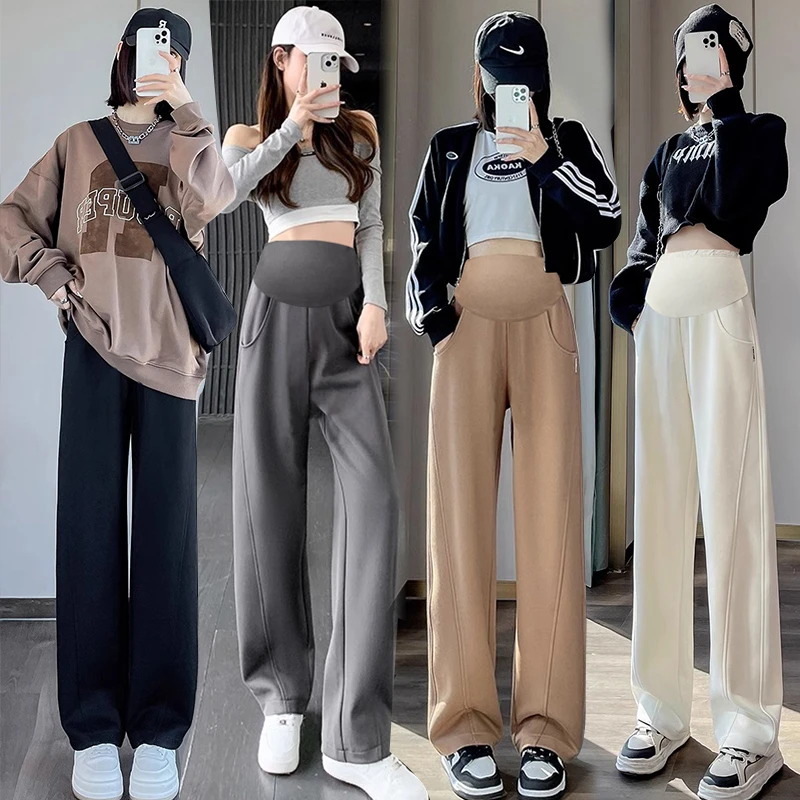 Autumn Maternity Casual Trousers High Waist Striped Patchwork Floor-length Pregnant Woman Wide Leg Pants Loose Pregnancy Clothes 2