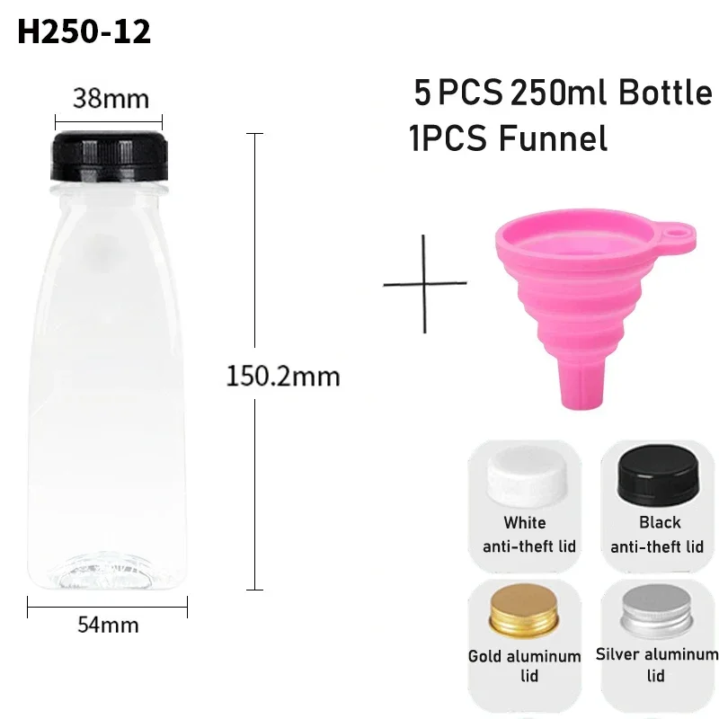 thumbnail image 1 of 5 botellas de plástico transparente vacías de 60 a 500 ml con tapas y embudo plegable, recipientes reutilizables para hacer batidos y jugos caseros, 1 of 5
