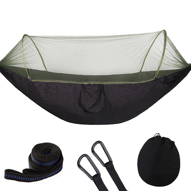 2021 Camping Hammock with Mosquito Net Pop-Up Light Portable Outdoor Parachute Hammocks Swing Sleeping Hammock Camping Stuff Blcak