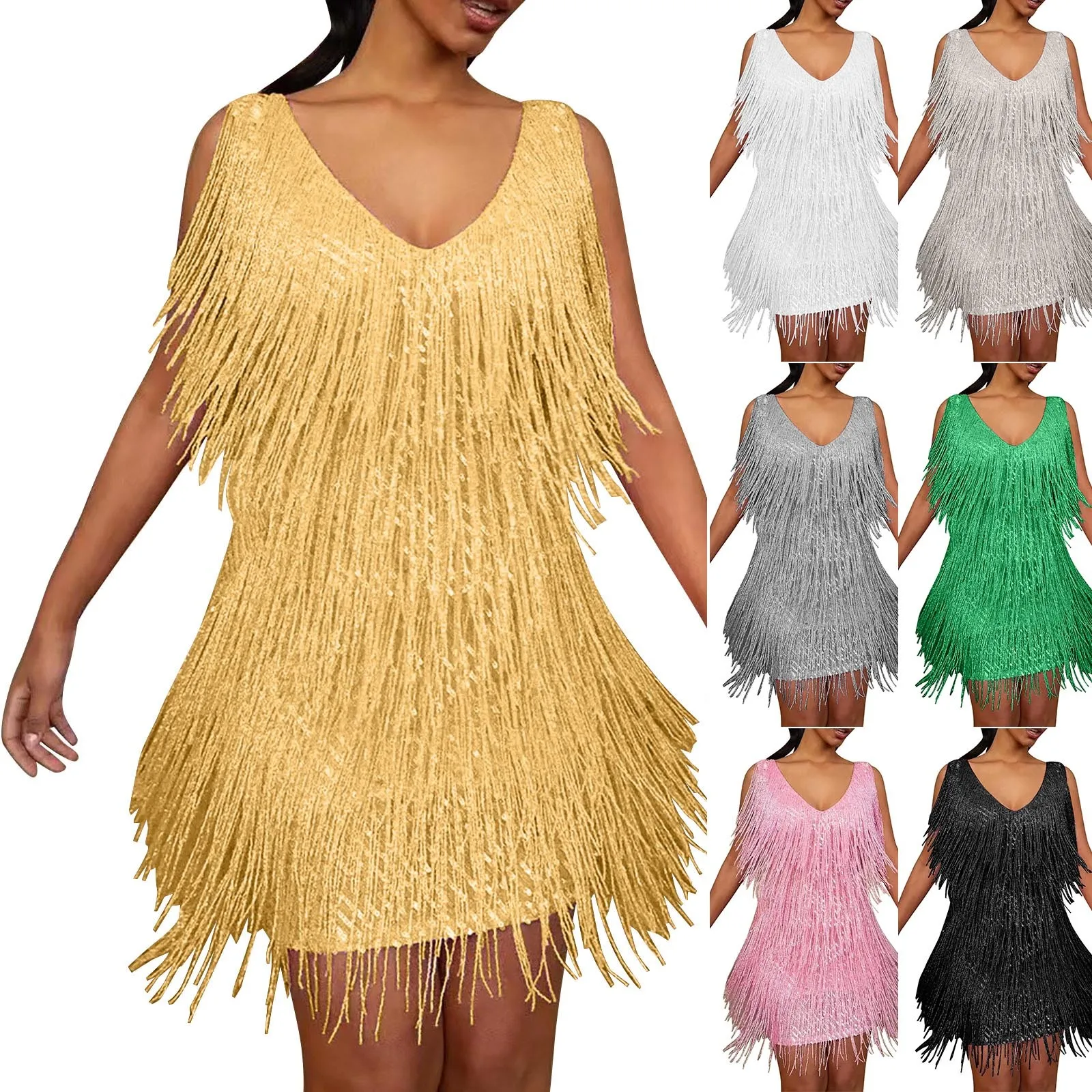 

Sleeveless Tassels Women Casual Dress Sequin Evening Bodycon Mini Female Elegant Sexy Dresses Party Night Holiday Vestidos