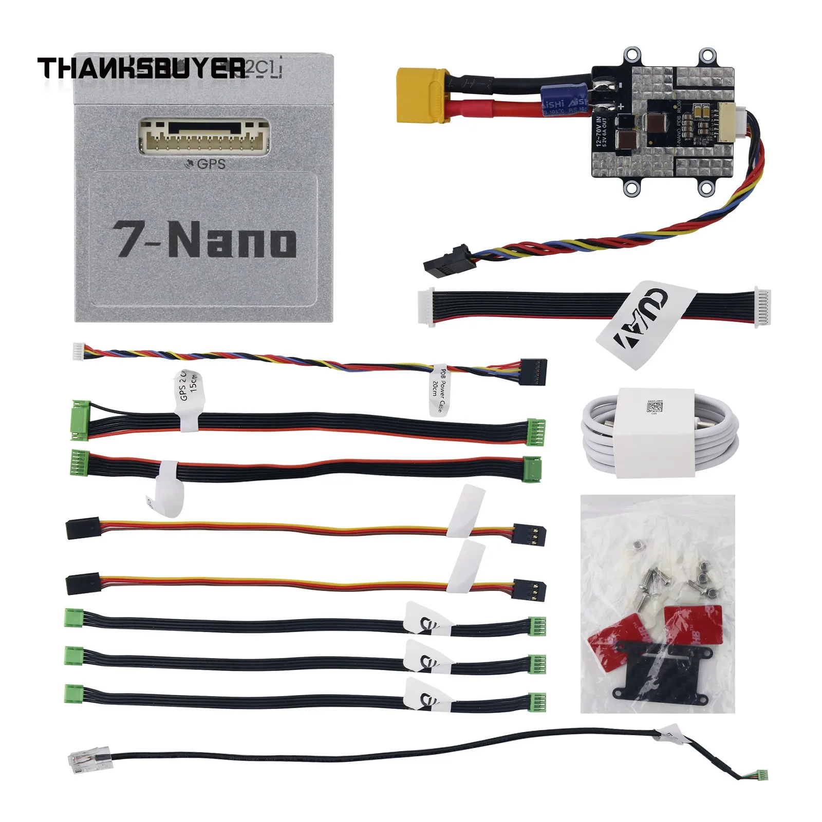 CUAV 7-Nano autopilote open source pour drones professionnels, compatible ArduPilot et PX4, avec connecteurs et dissipateur thermique.