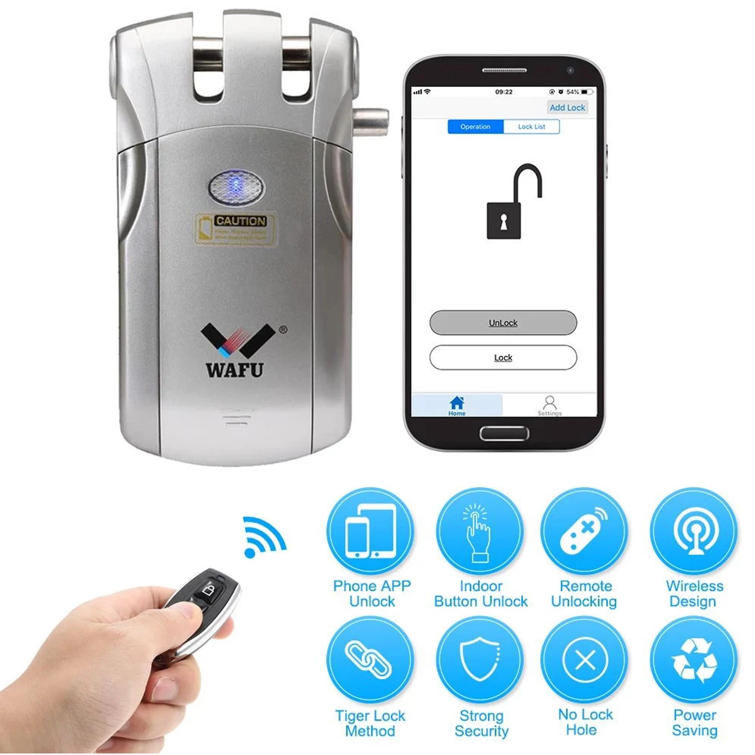 Wafu 433MHz Smart Lock Security Wireless WIFI Bluetooth-Compatible Tuya Control Electronic Door Invisible With 4 Remote Keys