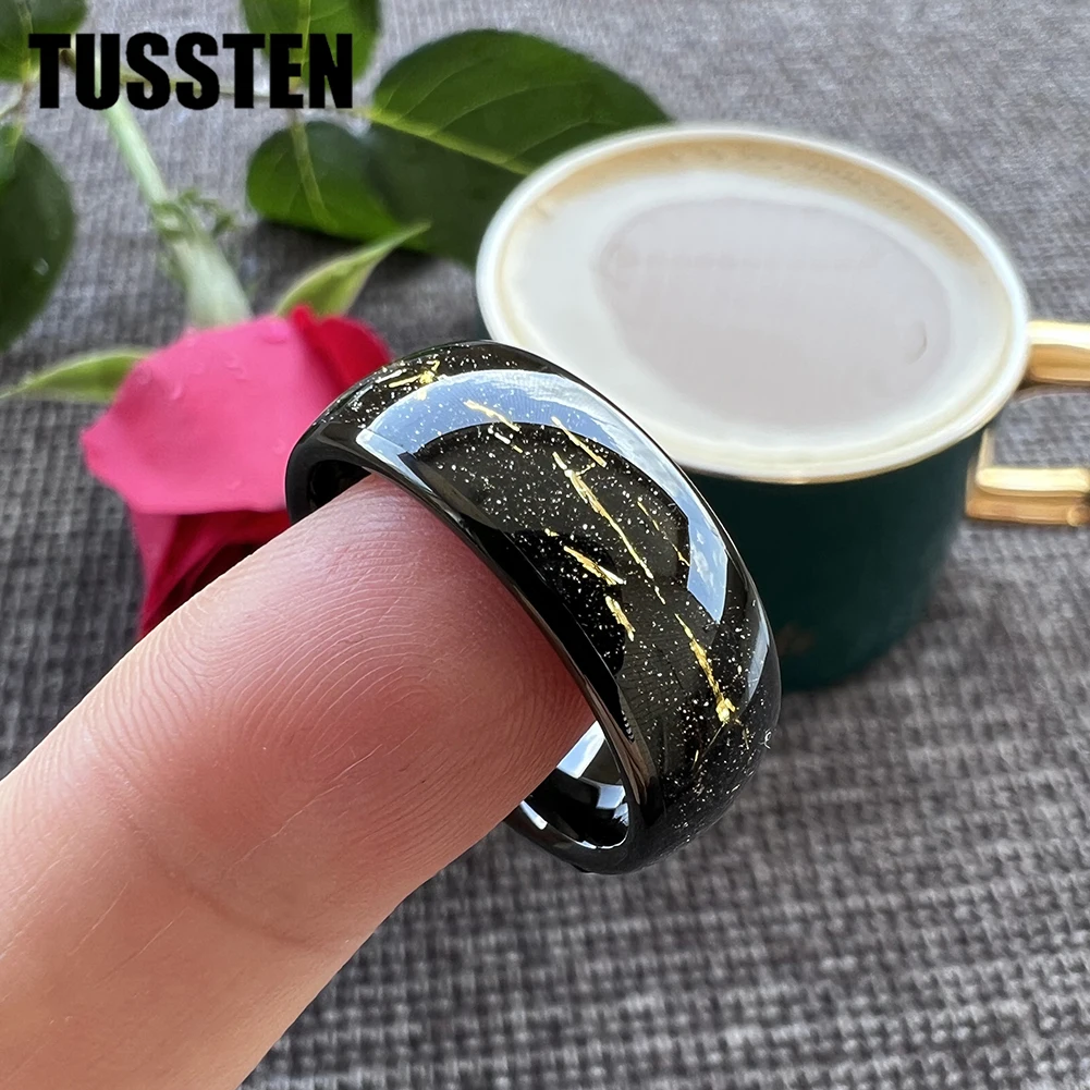TUSSTEN 8mm Tungsten Carbide Steel Ring Black Inlaid Gold Color Foil Wedding Ring for Men and Women Jewelry Wholesale