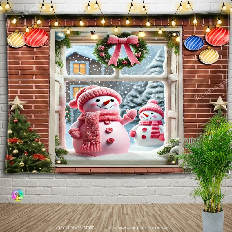 Weihnachtsdekoration Wandteppich Schneemann Weihnachtsbaum blauer Hintergrund Wanddekoration Weihnachtsgeschenk für Wohnzimmer Schlafzimmer – Detail 1
