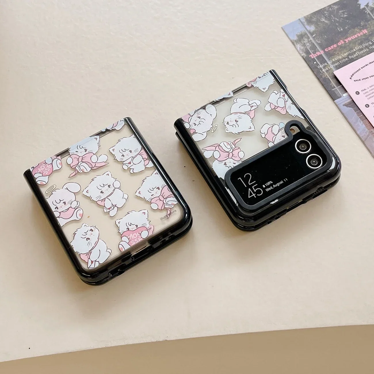 Black Border Acrylic Cat Bowknot Phone Case for Samsung Galaxy Z Flip 5 4 3 Back Cover for ZFlip3 ZFlip4 ZFlip5 Hard Case Shell