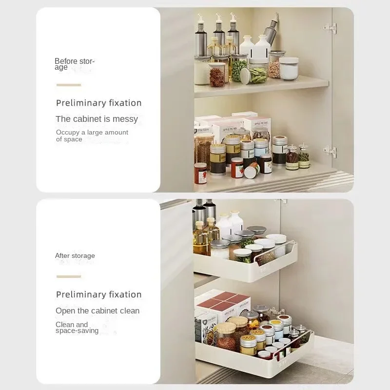 Kitchen Storage Rack Spice Rack Cabinet Organizer Shelves Seasoning Divider Dish Display Stand Under Sink Organizer Kitchen Storage Rack with Slide Rails Pull-out Kitchen Drawer Type Storage Tray Spice Box Rack Cabinets Organizer